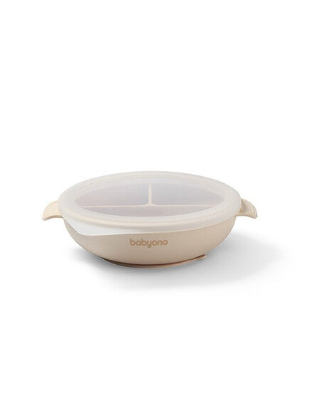 BabyOno Silicone suction plate with lid BEIGE