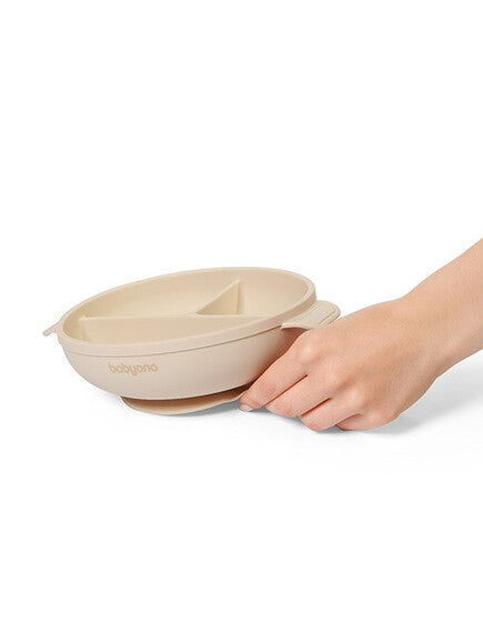 BabyOno Silicone suction plate with lid BEIGE