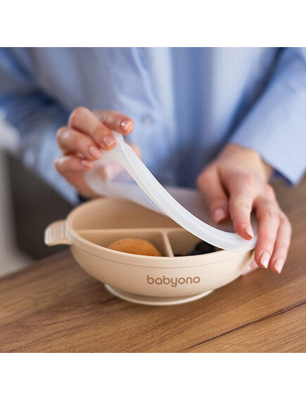 BabyOno Silicone suction plate with lid BEIGE