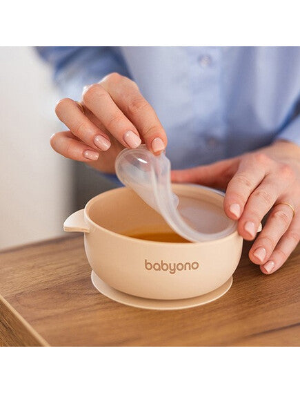 BabyOno Silicone suction bowl with lid BEIGE